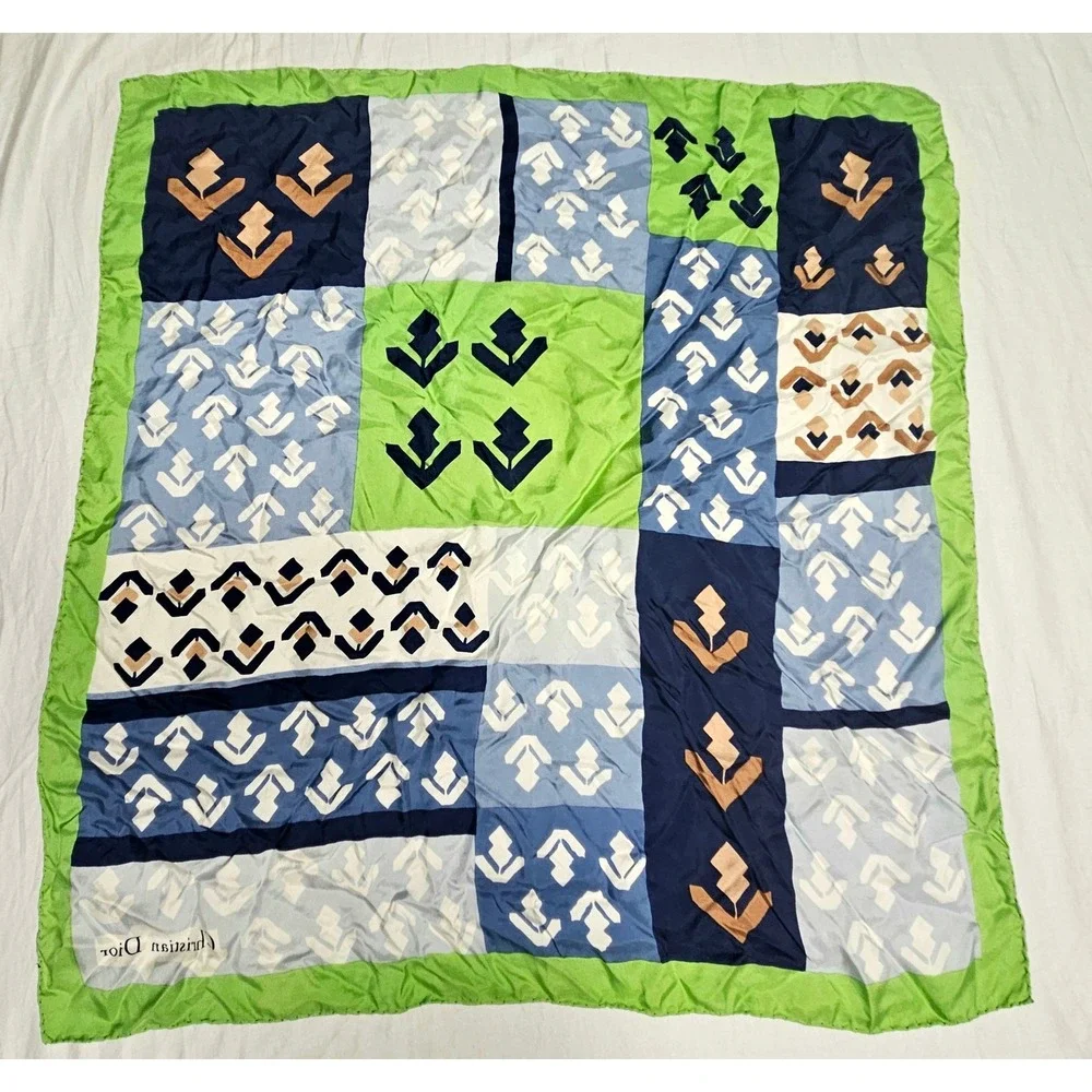 Christian Dior circa 1970 Silk Scarf Green Blue Geometric Abstract Square. EUC.
